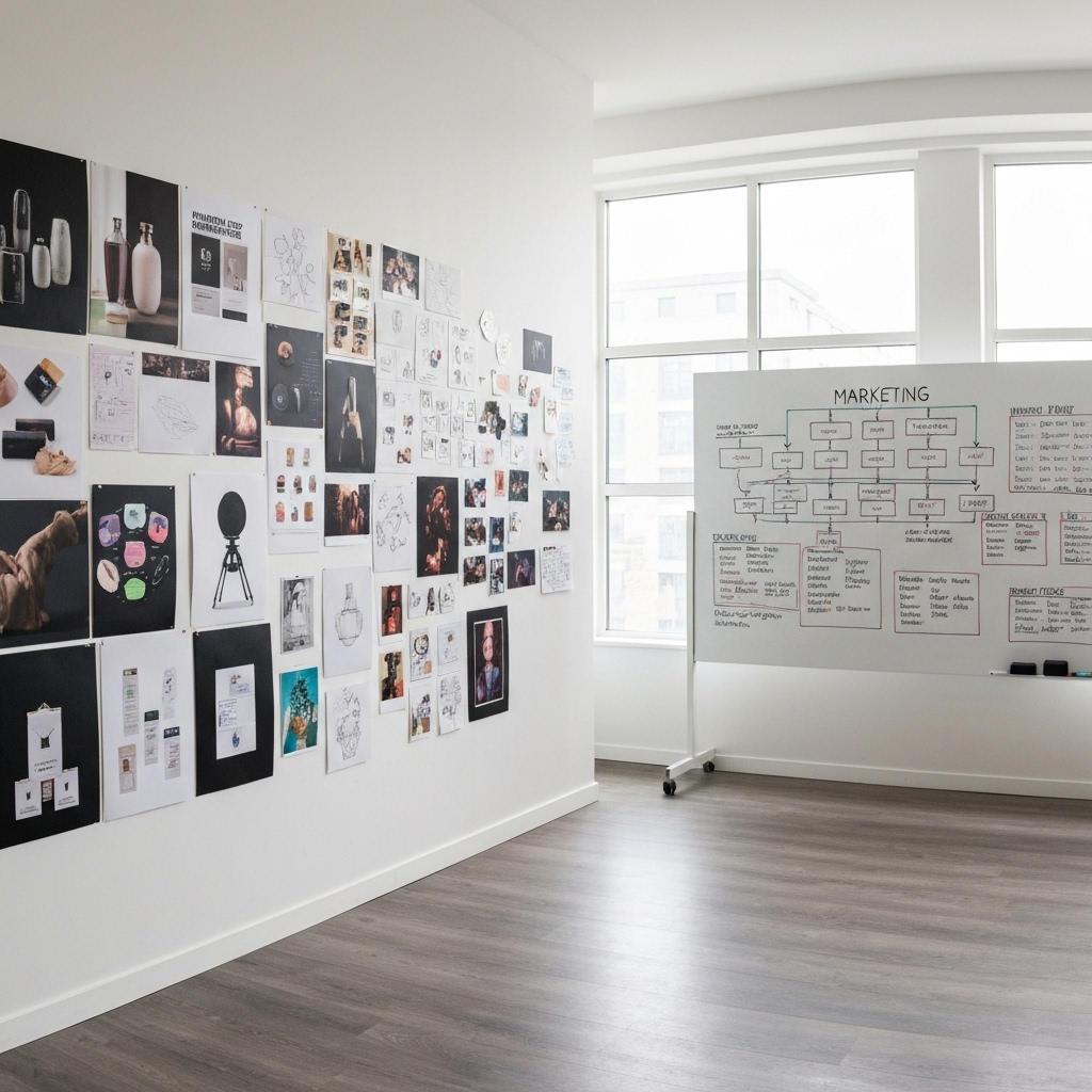 ### Key Elements #### Main Subjects - Wall covered with various images and sketches -