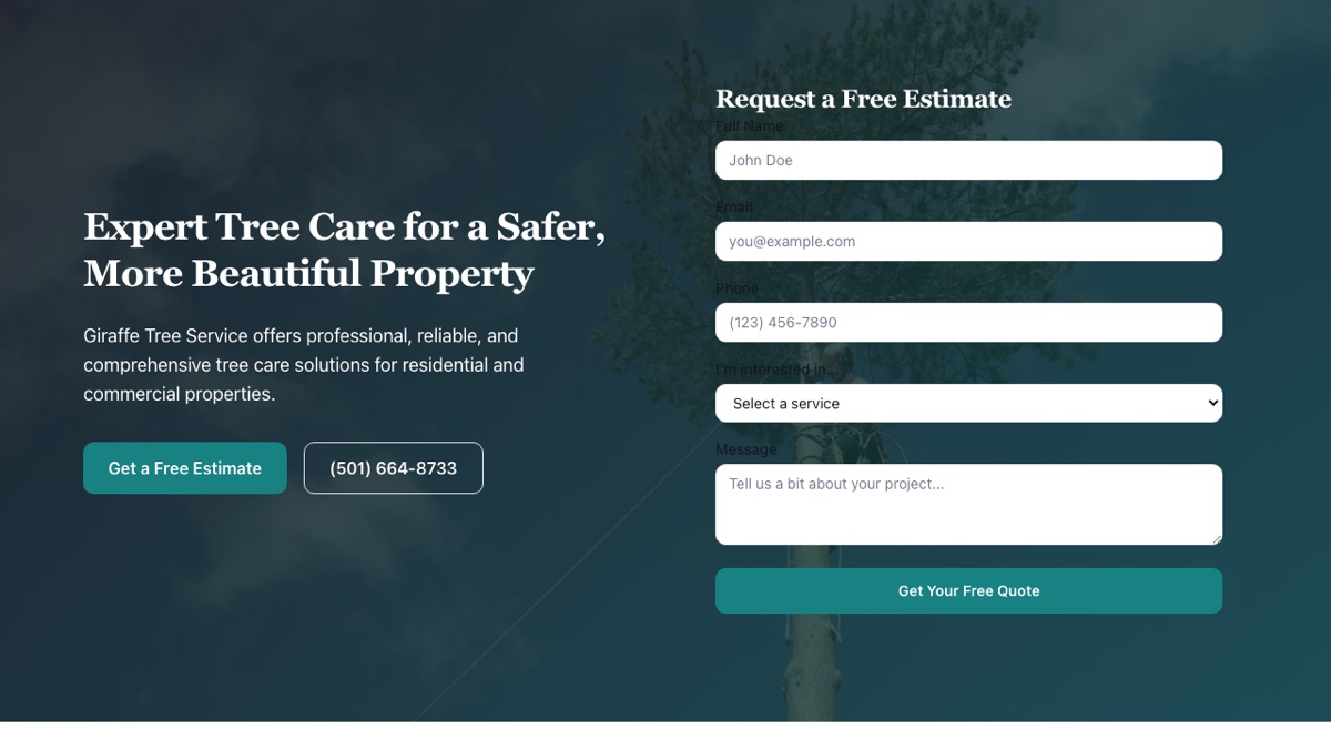 Giraffe Tree Service website homepage — built by WebJIVE