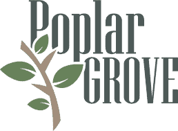 Logo of Poplar Grove featuring a stylized branch with leaves, representing the brand's identity and connection to nature.