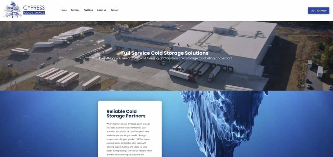 Aerial view of Cypress Cold Storage facility showcasing trucks and loading docks, emphasizing the company's full-service cold storage solutions and digital presence developed by WebJIVE.