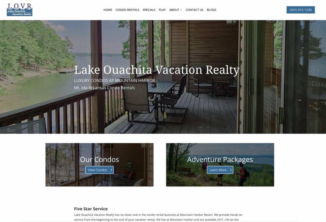 Lake Ouachita Vacation Realty website showcasing luxury condo rentals at Mountain Harbor, Arkansas, featuring a scenic lake view, wooden deck, and modern design elements.