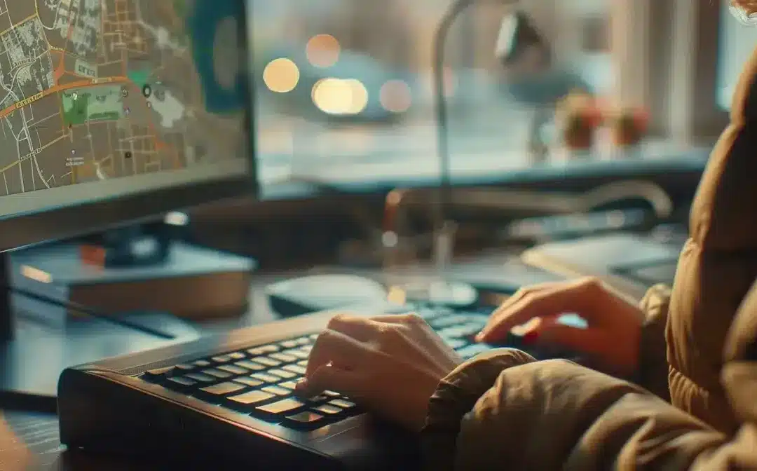 Person typing on a keyboard with a map displayed on a computer screen, illustrating local SEO strategies and digital marketing practices.