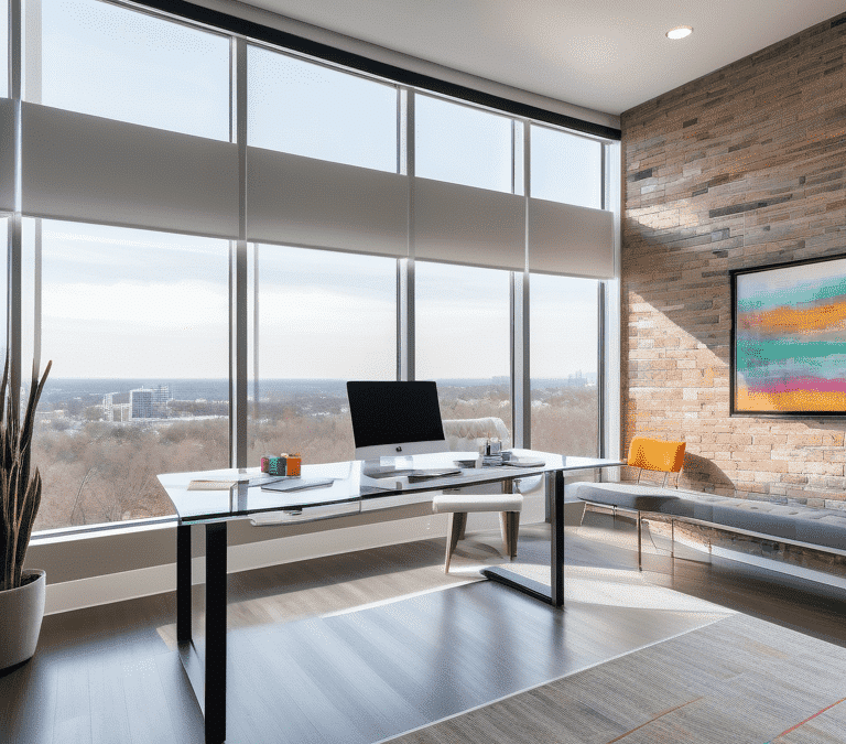 Modern office space with large windows, sleek glass desk, computer setup, and stylish decor, emphasizing a professional environment for web design and SEO services.