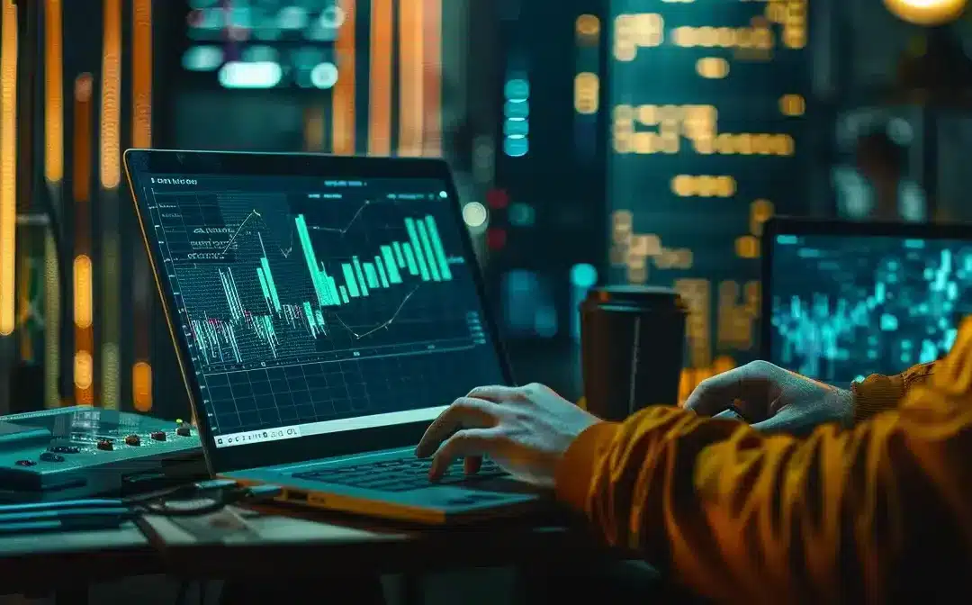 Person using a laptop displaying data analytics and performance graphs, emphasizing mobile optimization for SEO in a digital marketing context.