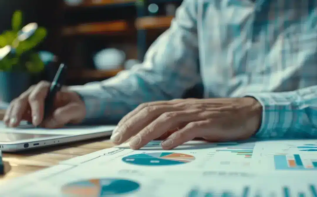 Person writing notes while analyzing SEO performance charts and graphs on a desk, emphasizing digital marketing strategy and data-driven decision-making.