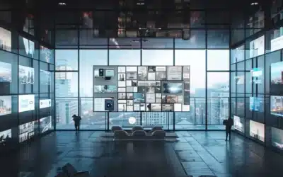 Modern office interior with large glass windows, featuring a digital display wall showcasing various images and data, reflecting digital marketing and SEO themes relevant to WebJIVE's services.