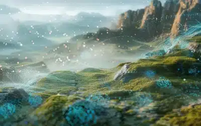 Futuristic digital landscape with lush green terrain, rocky cliffs, and floating data points, symbolizing the intersection of nature and technology in SEO and digital marketing.