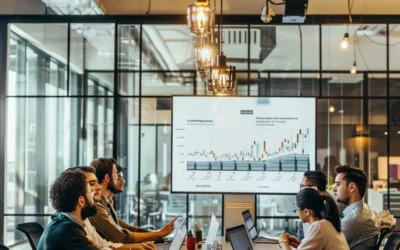Modern office meeting room with a team discussing SEO strategies, featuring a presentation screen displaying a graph of rising trends in digital marketing.