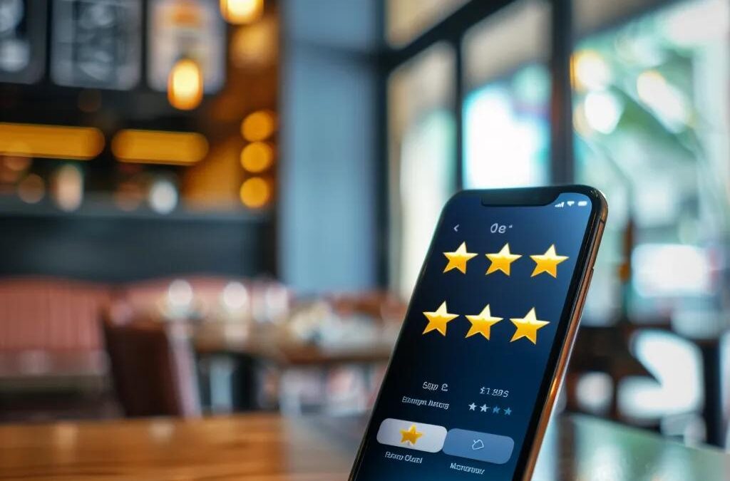 Smartphone displaying five-star ratings in a restaurant setting, emphasizing local reviews and customer feedback for effective marketing strategies.