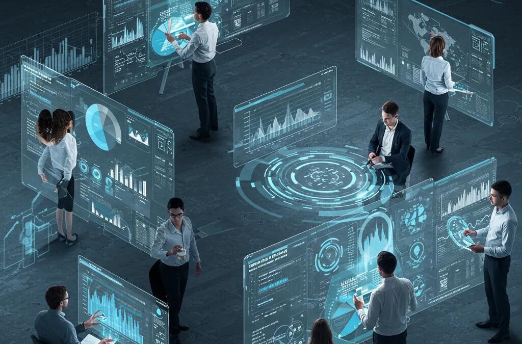 Futuristic business professionals collaborating with AI technology, analyzing data visualizations and graphs to enhance operations and optimize AI visibility for SEO strategies in 2025.