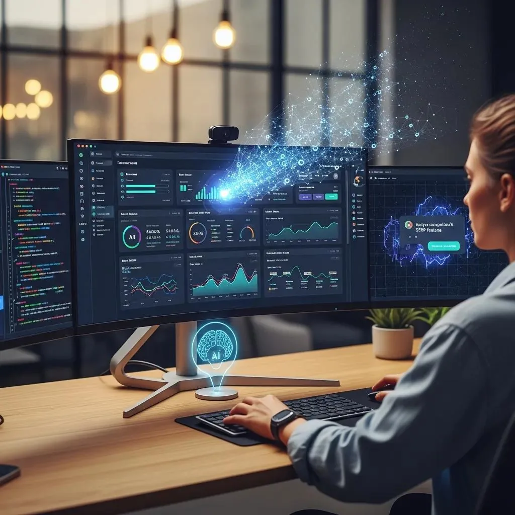 Person at a desk reviewing analytics dashboards on several monitors