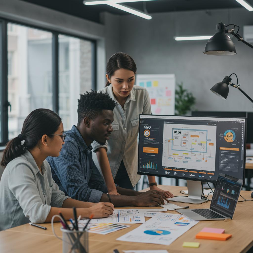Team analyzing SEO strategies on a computer screen in a modern office, highlighting digital marketing and performance metrics.