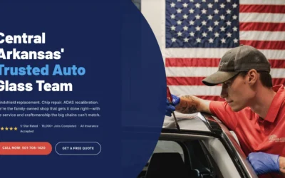 Technician repairing auto glass in front of an American flag, promoting Central Arkansas' trusted auto glass services.