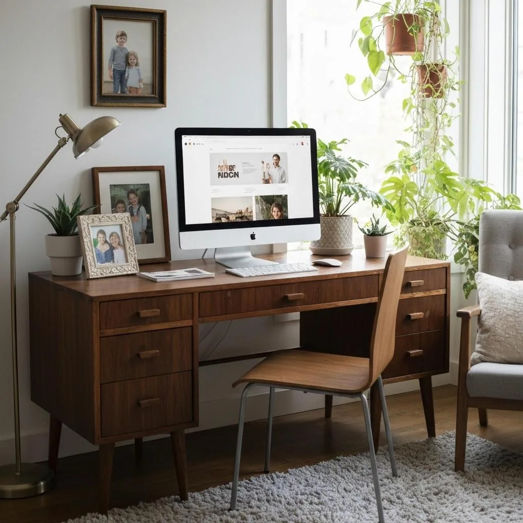 Home office desk with a computer showing a website