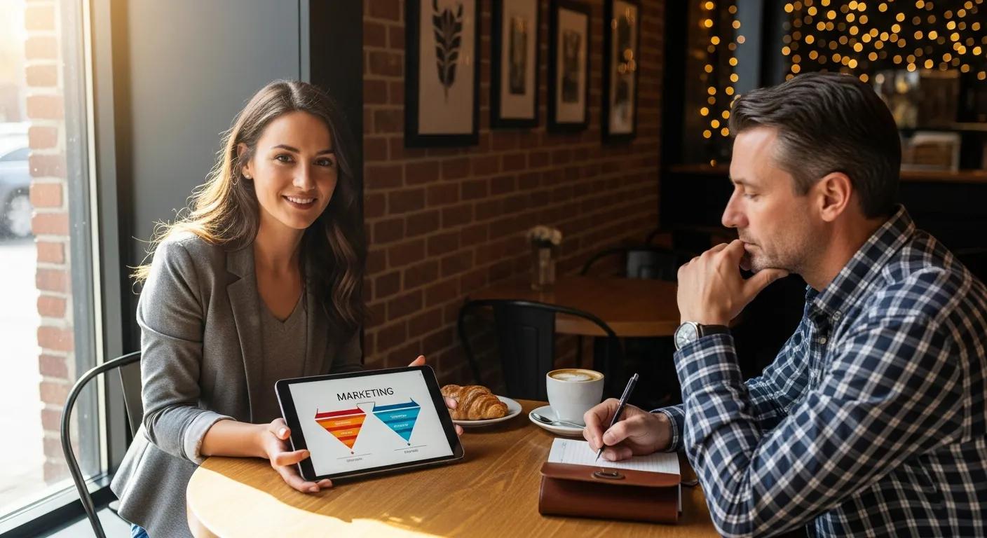 Woman presenting marketing strategy on tablet to man in a café, showcasing data-driven insights and customized solutions.