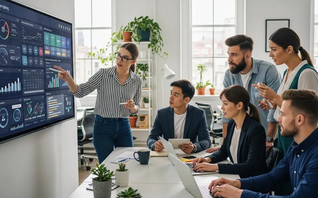 Team collaborating in a modern office, analyzing data on a large screen, with focus on digital marketing strategies and AI integration.